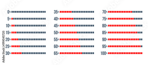 red progress bar percentage diagrams set, started 0 finished 100, increase 5, infographic elements collection, user interface vector illustration, pie chart dashboard