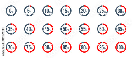 red circle percentage diagrams set, progress bar, started 0 finished 100, increase 5, infographic elements collection, user interface vector illustration, pie chart dashboard