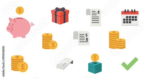 A collection of financial icons including a piggy bank, stacks of coins, gift box, receipts, calendar, and a donation box with a checkmark.