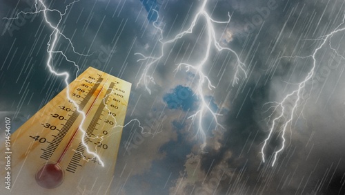 Thermometer with high temperature against the background of pitch black sky and lightning strikes. Storm concept. Extreme weather. Weather changes. Effects of global warming
