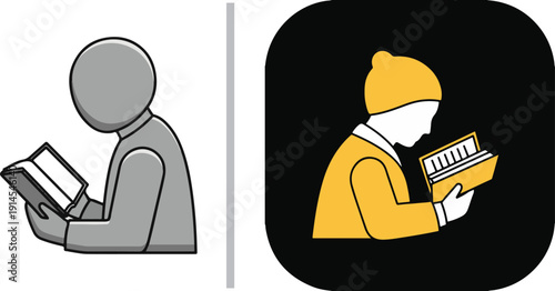 A comprehensive set of minimalist vector icons and illustrations representing education, featuring people reading, academic symbols like graduation caps, books, and scientific research tools.