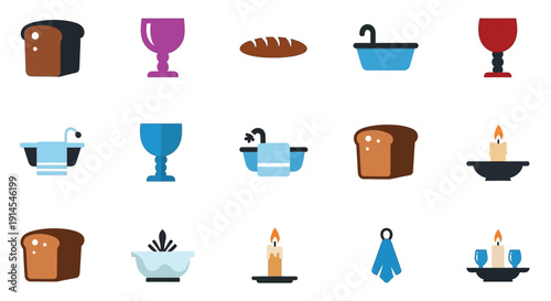 A collection of flat design icons representing various household items and religious symbols.