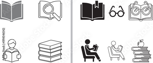 A comprehensive set of education and literacy icons in flat and line styles. Features students reading, stacks of books, graduation caps, and academic tools in blue, green, and black.