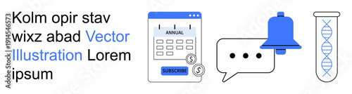 Financial management, communication alerts, notifications, research, science, business tools. a calendar with subscription, chat bubble notification and test tube. Financial management