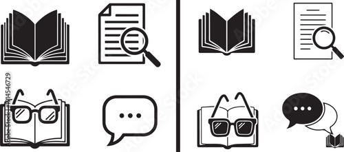 A comprehensive set of education and literacy icons in flat and line styles. Features diverse students reading, stacks of books, graduation caps, and academic tools in blue, green, and black.