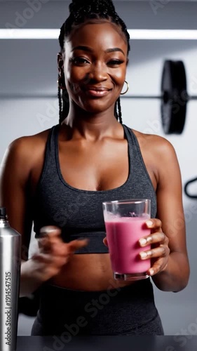 Fit woman pours pink smoothie into glass, gym equipment blurred in background