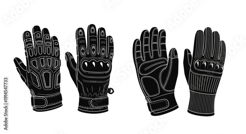 A set of four black gloves in different orientations on a white background