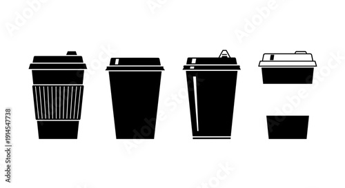 A set of five black silhouette coffee cups with different designs on a white background