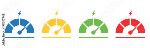 Low speed icon set color multiple style collection, including line, solid, outline, and filled icons, perfect for vehicle dashboards, traffic signs, transportation apps