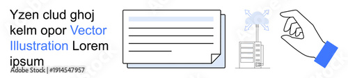 Digital security, network systems, data sharing, cloud storage, document management, technology operations. a hand interacting with server icons and document visuals. Digital security and network