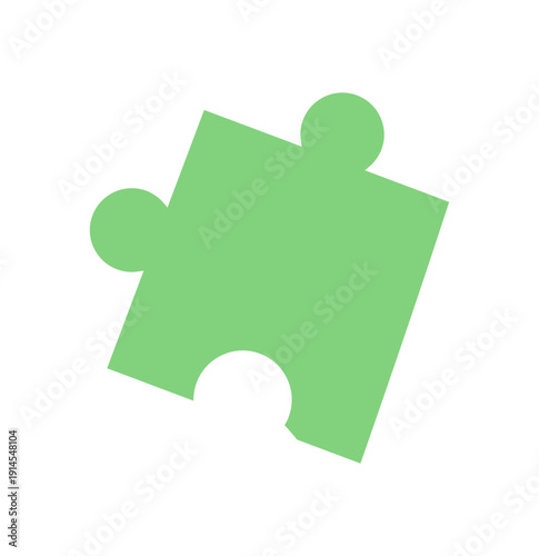 Flat green jigsaw puzzle piece silhouette. Simple game element for board, table, or boardgame use. Fun and playful concept for leisure, toy, or entertainment template.