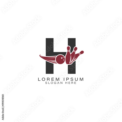 Letter H Logo with a Bowling Ball and Pins. Alphabet H Icon Design for Bowling Clubs