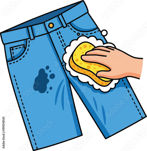 Removing Grease Stain from Jeans with a Sponge in a Domestic Setting