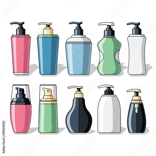 Colorful Cosmetic Bottles with Pump Dispensers in Various Shapes