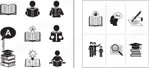 A comprehensive collection of vector icons and illustrations focused on literacy, including people reading in various poses, academic symbols, research tools, and educational concepts.