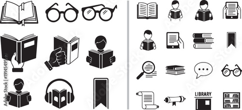 A comprehensive collection of education icons in various styles, featuring students reading, books, graduation caps, and library tools. Perfect for academic, literacy, and e-learning designs.