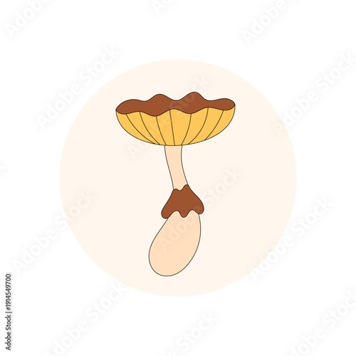 Groovy retro magic mushroom in yellow circle style with psychedelic shroom details sticker. Trippy sticker with y2k flair for package lid, unique graphic accent as fun magic label for product or
