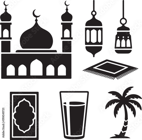 Ramadan silhouette icons set,Islamic religious symbols and Ramadan silhouette collection with mosque, crescent moon, prayer, lantern and cultural elements illustration set design,
