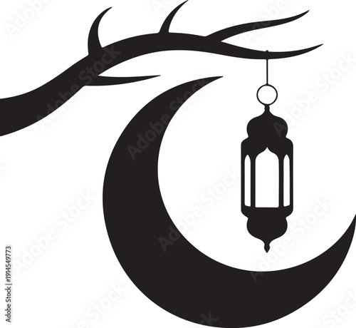 Black silhouette of a lantern hanging from a crescent moon , islamic or ramadan designs and celebrations with graphic