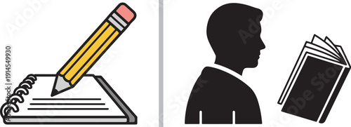 A diverse collection of minimalist vector icons illustrating reading and writing, featuring figures with books, stationery like pencils and notebooks, and symbols for research and literacy.