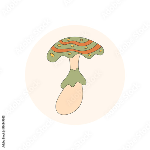 Groovy retro magic mushroom sticker art in a colorful circle. Shroom and y2k seal decorate lid and package with playful graphic style. Ideal for modern sealing or label accents.