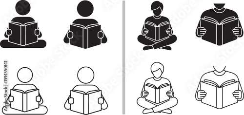 A collection of minimalist black and white vector icons showing figures in various poses reading books, including sitting cross-legged, standing, and lying down outdoors.