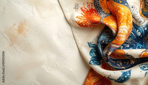 Vibrant patterned silk fabric draped on a textured light background.
