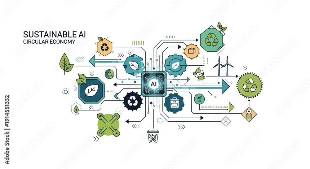 Fototapeta premium Sustainable AI and circular economy concepts visualized through interconnected gears and eco-friendly elements in a modern illustration
