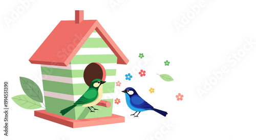 Birds feeding at a striped birdhouse with flowers around it illustration