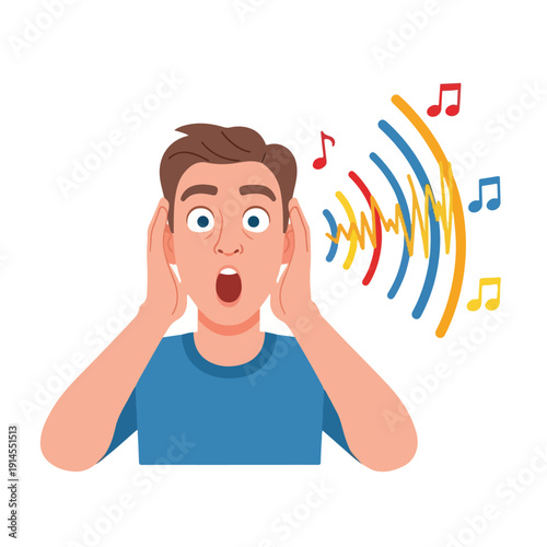 Man covering ears from loud music sound waves