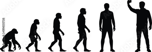 Evolution of man silhouette, human development from ape to modern human taking selfie, social media concept, technology growth, primate history, progress, smartphone.
