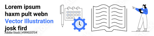 Open book with wavy lines, calendar, pen, gear, and professional character pointing at text. Ideal for education, productivity, planning, training study leadership simple landing page