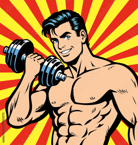 Muscular man with blue eyes smiling and lifting a dumbbell with a vibrant yellow and red sunburst background, representing fitness and strength training