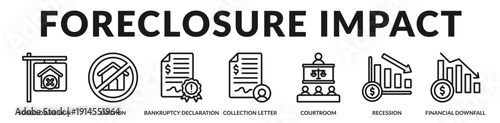Housing foreclosure impact banner presenting legal and financial consequences of property related insolvency cases in Lineal Icon Style