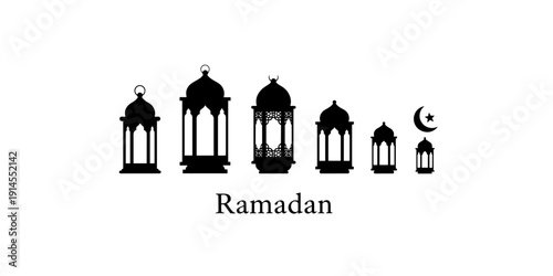 Peaceful Minimalist Ramadan Celebration Design with Ornate Lantern Silhouettes and Crescent Moon