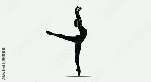 Black silhouette of a dancer in a dynamic pose showcasing flexibility and elegance in a simple composition viewed from the side Whisk