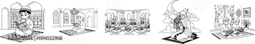 muslim children praying and reading quran in mosque vector illustration set, islamic ramadan worship scenes, line art cartoon design for religious education