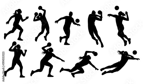 Mixed gender volleyball action silhouettes vector collection