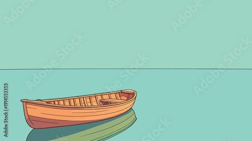 A boat is resting on still water under a clear blue sky. The scene shows a simple and open view with no distractions.