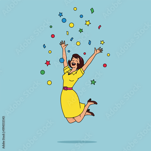 Woman in yellow dress jumping with colorful confetti and stars