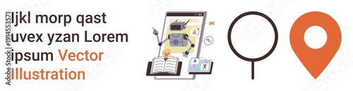 Education technology, learning apps, AI integration, digital mapping, mobile UI, navigation tools. Robot on tablet with book and location symbol. Education technology and learning apps concept