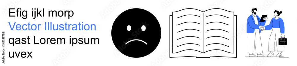 Fototapeta premium Emotional expression, education, teamwork, communication, workplace collaboration, text design. Sad face icon, open book two business professionals meeting. Emotional expression and education