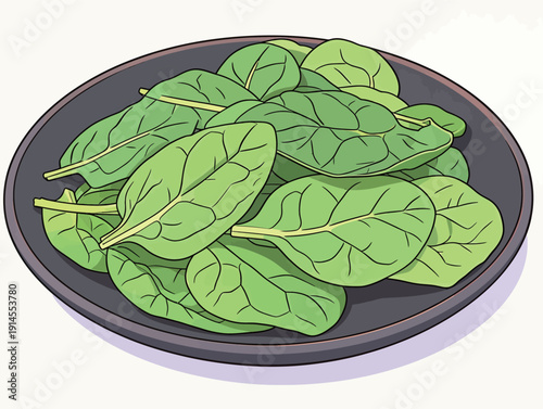 Bright green spinach leaves rest on a black plate. They are clean and ready for a healthy meal or salad.