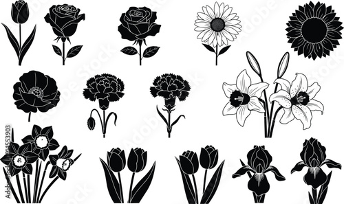 Black flower silhouettes set isolated on white background with rose tulip sunflower lily and carnation for floral design wedding invitation and botanical illustration