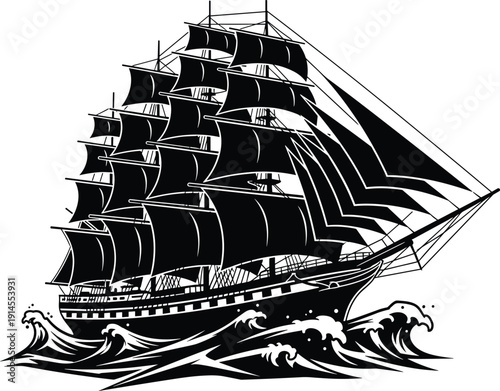Black silhouette vintage sailing ship on ocean waves isolated on white background historical nautical tall ship vessel maritime adventure sea travel illustration