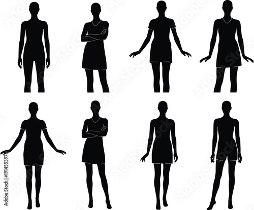 Black silhouettes of professional women standing in various poses isolated on white background business female workers leaders entrepreneurs and office staff set