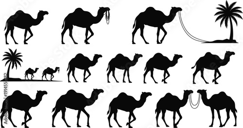 Camel silhouettes set isolated on white background with palm trees and caravan desert animals for Middle East travel tourism and safari design