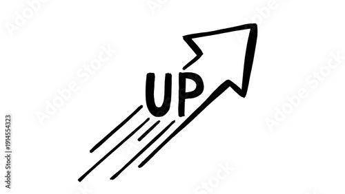 A minimalist vector graphic of an upward arrow with motion lines and the word UP