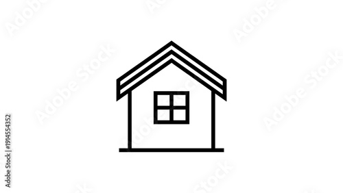A simple black line art illustration of a house with a triangular roof and square window
