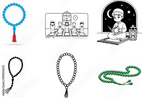 islamic prayer beads tasbih vector set with muslim boy praying in mosque line art illustration for ramadan, eid, spirituality and religious worship design